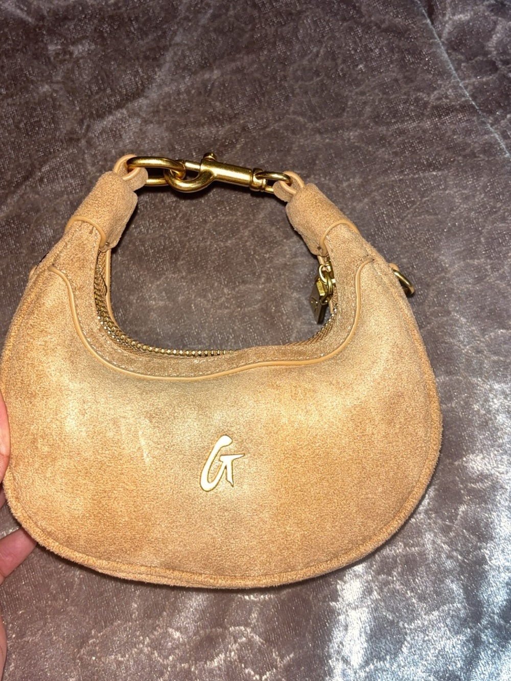 Golden-Tan Suede Mini Hobo Bag with Gold Hardware